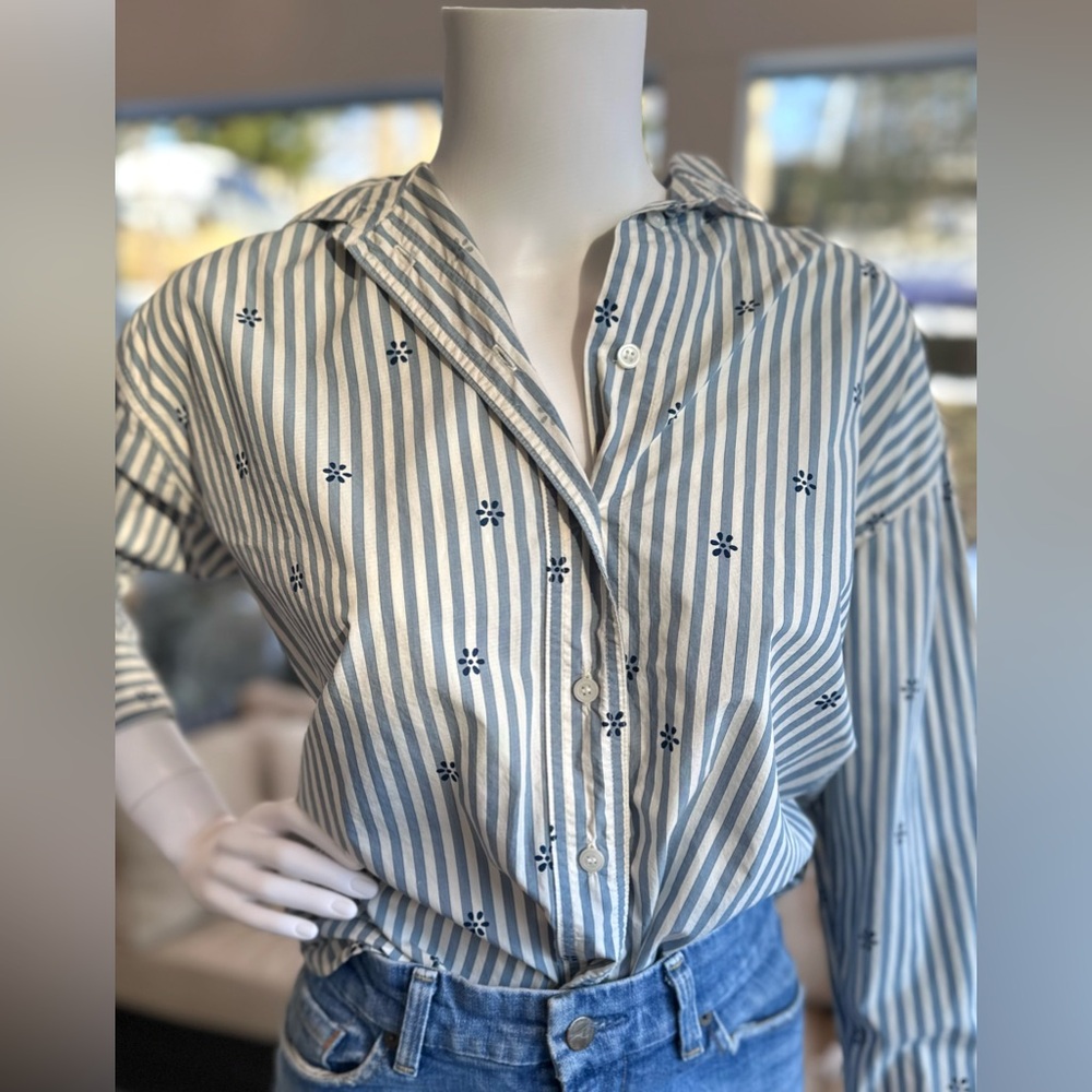 Madewell Floral Painter Shirt Stripe Print Ovesized Button Down Coastal Blue